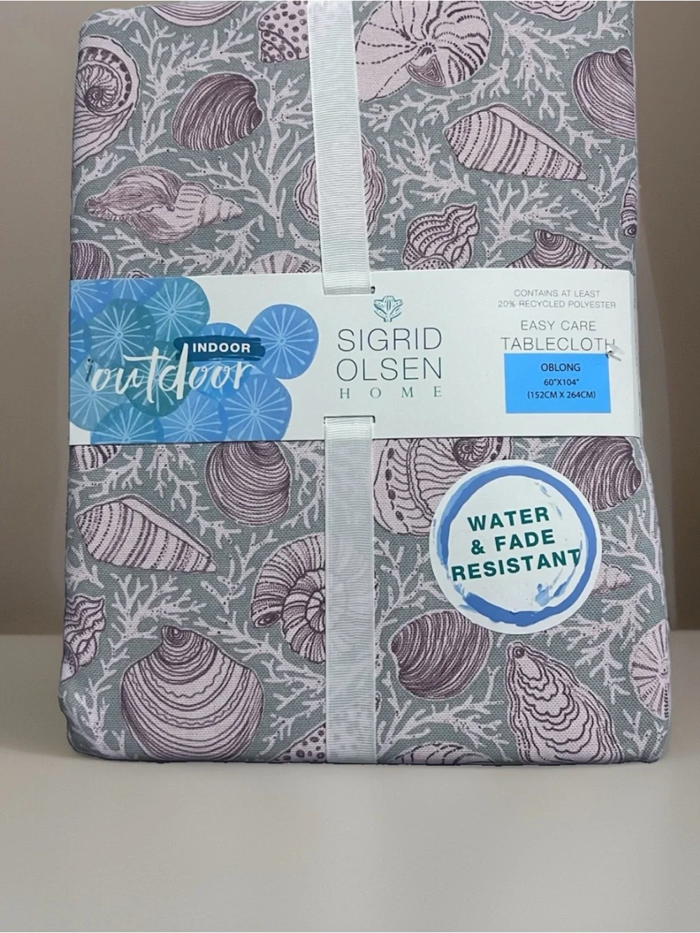 Sigrid Olsen 60x104 Oblong Tablecloth Blue Beige Shell Seashells Coral Outdoor